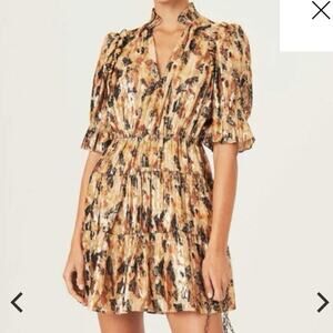 Ba&sh Gloria Printed Metallic Silk blend Georgette Mini Dress Size 1